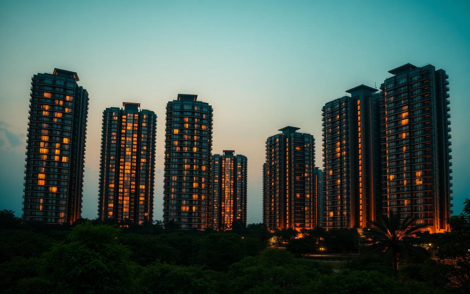 Luxury high-rise apartment towers in Gurugram at dusk